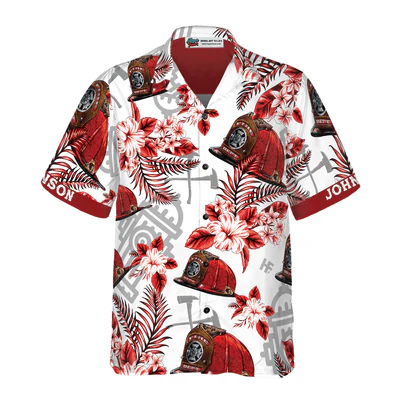 Firefighter Custom Name Hawaiian Shirt, Personalized Red Texas Bluebonnet Aloha Shirt For Men - Perfect Gift For Men, Firefighter , Husband, Boyfriend, Friend, Family - Image 2