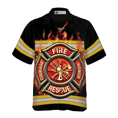 Firefighter Hawaiian Shirt, Courage And Honor Fire Dept Badge Aloha Shirt For Men - Perfect Gift For Firefighter, Husband, Boyfriend, Friend, Family - Image 2