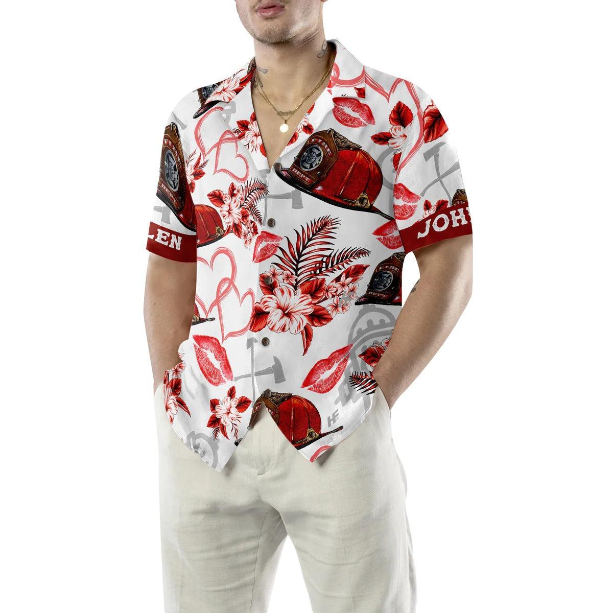 Firefighter Hawaiian Shirt Custom - Love Firefighter Helmet Valentine Personalized Heart Red Floral Firefighter Hawaiian Shirt - Gift For Lover, Friend, Family - Image 2