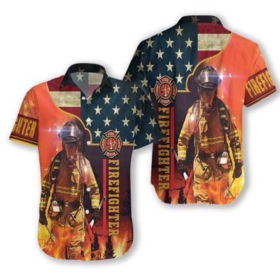 Firefighter Hawaiian Shirt, Firefighter With American Flag Aloha Shirt For Men - Gift For Firefighter, Husband, Boyfriend, Family, Friends