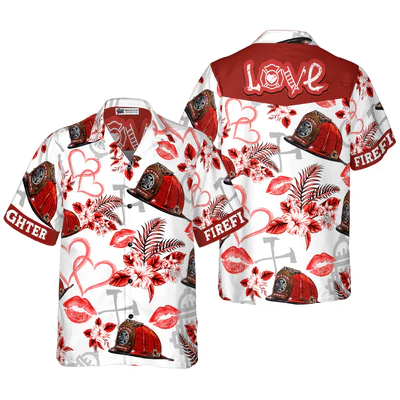 Firefighter Hawaiian Shirt, Love Firefighter Helmet Valentine Aloha Shirt For Men - Gift For Firefighter, Husband, Boyfriend, Family, Friends