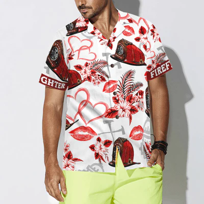 Firefighter Hawaiian Shirt, Love Firefighter Helmet Valentine Aloha Shirt For Men - Gift For Firefighter, Husband, Boyfriend, Family, Friends - Image 3