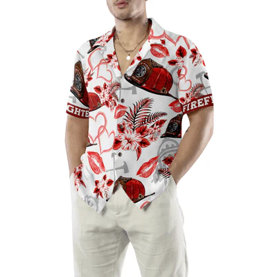 Firefighter Hawaiian Shirt, Love Firefighter Helmet Valentine Aloha Shirt For Men - Gift For Firefighter, Husband, Boyfriend, Family, Friends - Image 5