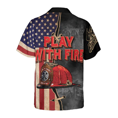 Firefighter Hawaiian Shirt, Play With Fire Firefighter Helmet American Flag Aloha Shirt For Men - Gift For Firefighter, Husband, Boyfriend, Family, Friends - Image 3