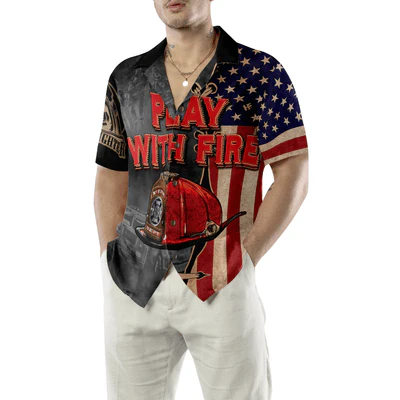 Firefighter Hawaiian Shirt, Play With Fire Firefighter Helmet American Flag Aloha Shirt For Men - Gift For Firefighter, Husband, Boyfriend, Family, Friends - Image 4