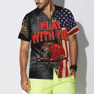 Firefighter Hawaiian Shirt, Play With Fire Firefighter Helmet American Flag Aloha Shirt For Men - Gift For Firefighter, Husband, Boyfriend, Family, Friends - Image 5