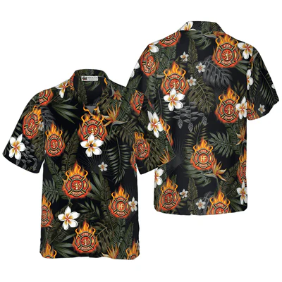 Firefighter Hawaiian Shirt, Tropical Leaves Firefighter Logo On Flame Aloha Shirt For Men - Gift For Firefighter, Husband, Boyfriend, Family, Friends