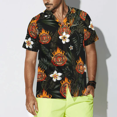 Firefighter Hawaiian Shirt, Tropical Leaves Firefighter Logo On Flame Aloha Shirt For Men - Gift For Firefighter, Husband, Boyfriend, Family, Friends - Image 4