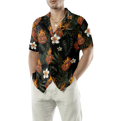 Firefighter Hawaiian Shirt, Tropical Leaves Firefighter Logo On Flame Aloha Shirt For Men - Gift For Firefighter, Husband, Boyfriend, Family, Friends - Image 5