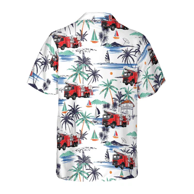 Firefighter Hawaiian Shirt, White Tropical Red Fire Truck Aloha Shirt For Men - Perfect Gift For Firefighter, Husband, Boyfriend, Friend, Family - Image 2