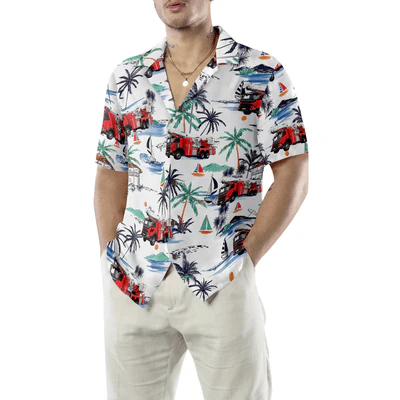 Firefighter Hawaiian Shirt, White Tropical Red Fire Truck Aloha Shirt For Men - Perfect Gift For Firefighter, Husband, Boyfriend, Friend, Family - Image 5