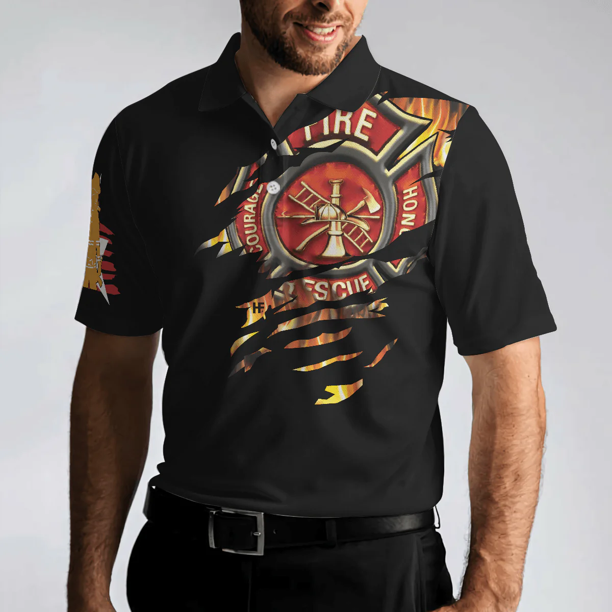 Firefighter Men Polo Shirt, American Firefighter Logo, Black Firefighter Shirt For Men - Cool Gift For Firefighters, Husband, Family, Friends - Image 2