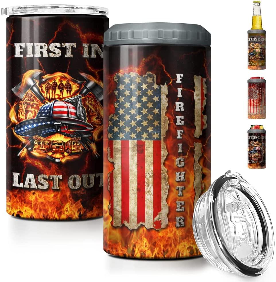 Firefighter US Independence Day Can Cooler Tumbler, Fireman Fire American Flag Cooler Tumbler, 4th Of July Gifts For Men Women, Veteran Day, Patriot