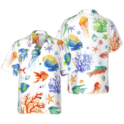 Fish Hawaiian Shirt, Under The Sea Watercolor Aloha Shirt For Men - Perfect Gift For Men, Husband, Boyfriend, Friend, Family