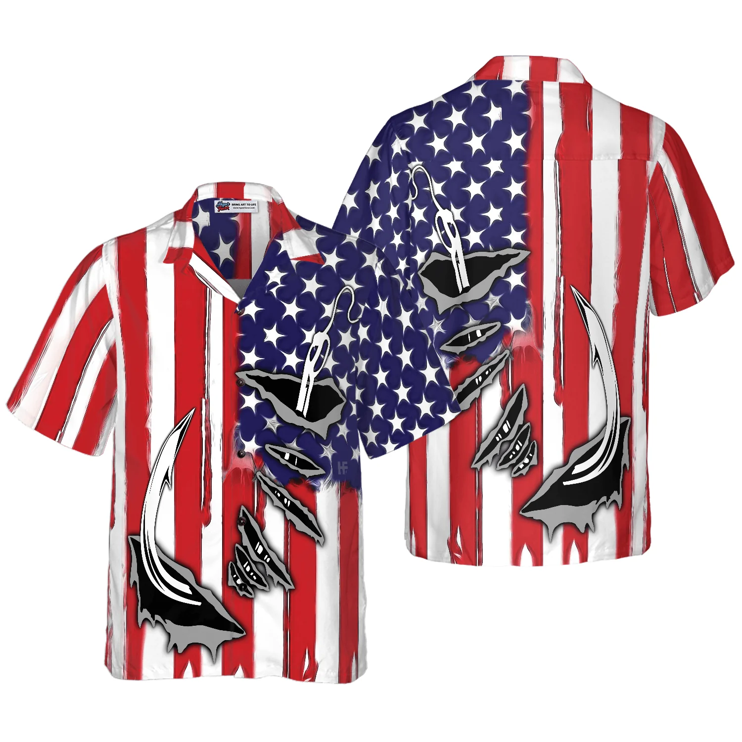 Fish Hook American Flag Hawaiian Shirt, Colorful Summer Aloha Shirt For Men Women, Perfect Gift For Husband, Wife, Friend, 4th July, Fishing Lover