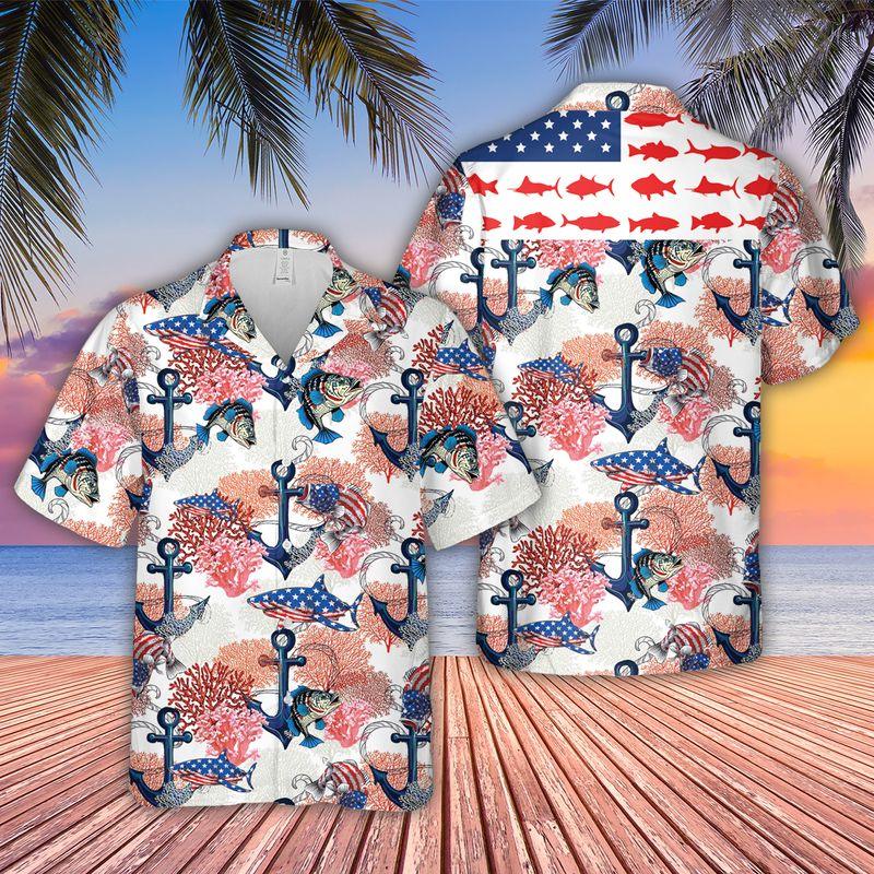 Fishing Aloha Hawaiian Shirts For Summer, Fish USA Flag Bass Fishing Style American Patriot Hawaiian Set Outfits For Men Women, Gift For Friend - Image 2