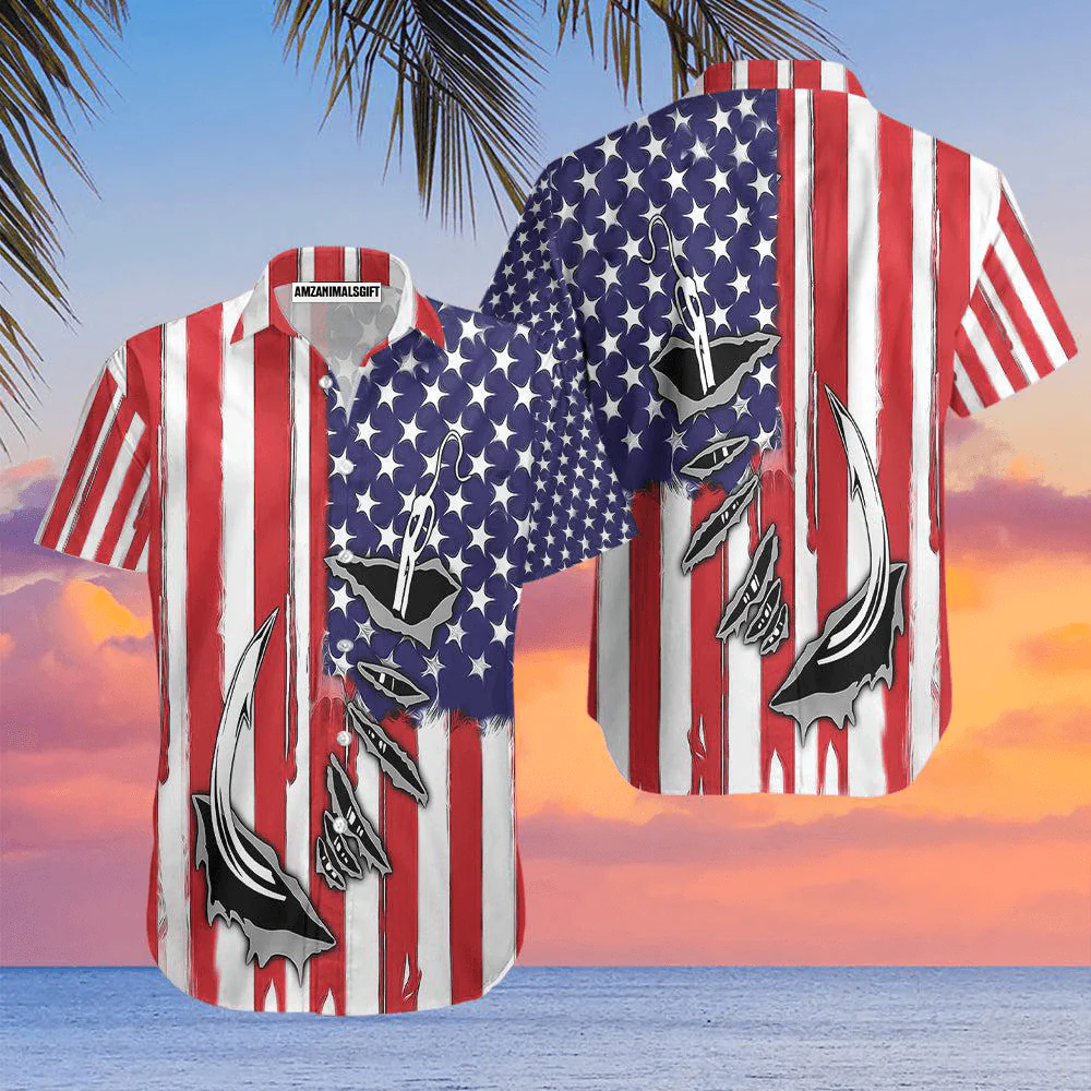 Fishing Fish Hook American Flag Aloha Hawaiian Shirts For Men Women, 4th July Gift For Summer, Friend, Family, Independence Day, Fishing Lovers