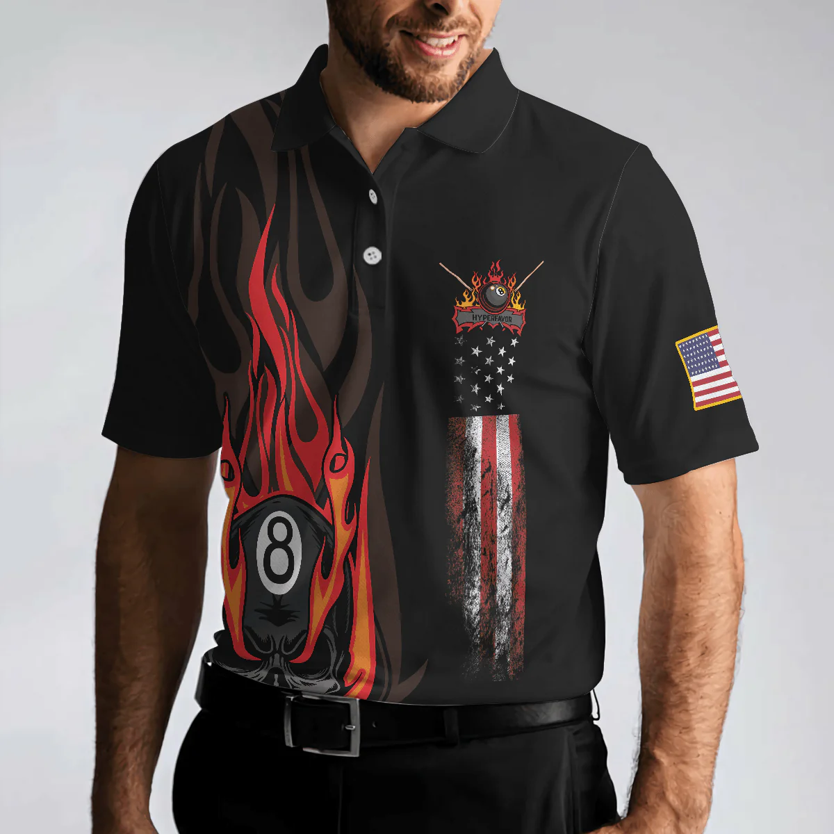 Flame Skull Billiards Pool Men Polo Shirt, American Flag Billiards Polo Shirt, Gift For Pool Players, Billiards Lovers - Image 4