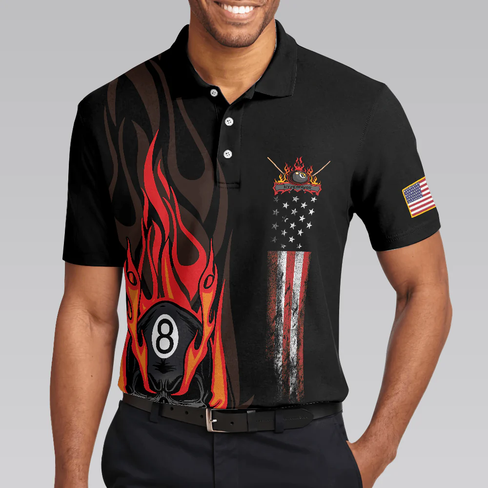 Flame Skull Billiards Pool Men Polo Shirt, American Flag Billiards Polo Shirt, Gift For Pool Players, Billiards Lovers - Image 5