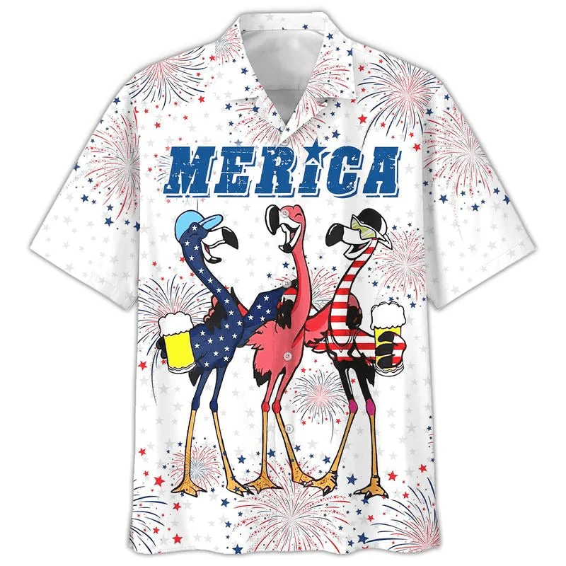 Flamingo Aloha Hawaiian Shirts For Summer, Flamingo Drinking Beer In USA Flag Happy Independence Day Aloha Hawaiian Shirt For Men Women, 4th Of July