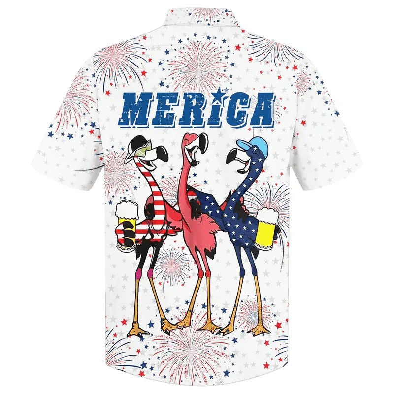 Flamingo Aloha Hawaiian Shirts For Summer, Flamingo Drinking Beer In USA Flag Happy Independence Day Aloha Hawaiian Shirt For Men Women, 4th Of July - Image 2