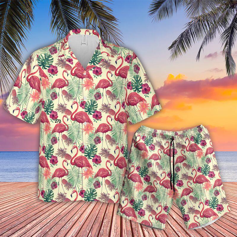 Flamingo Aloha Hawaiian Shirts For Summer, Tropical Theme Pattern Hawaiian Set For Men Women, Gift For Friend, Family, Flamingo Lovers