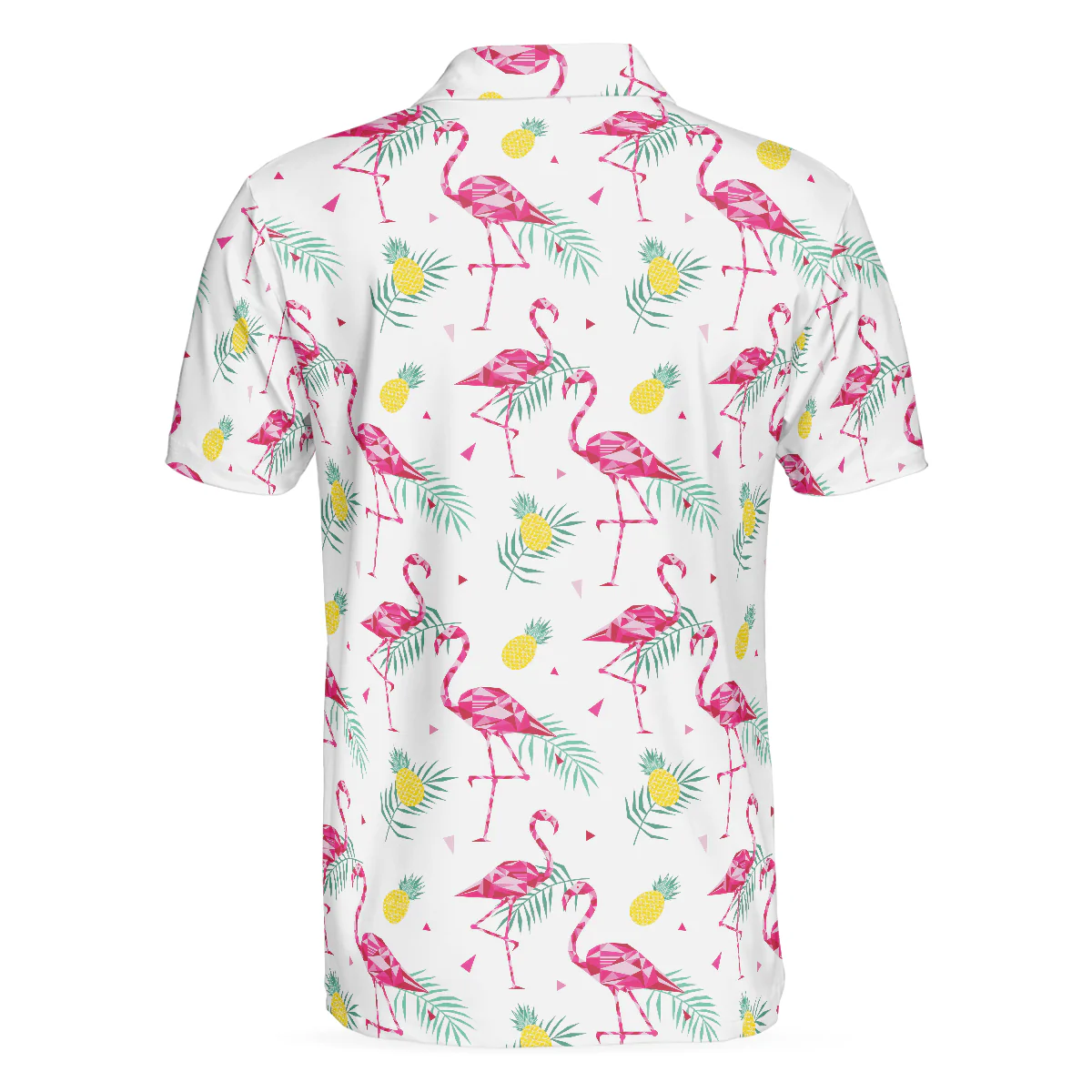 Flamingo And Tropical Pattern Men Polo Shirt, White Flamingo Themed Polo Shirt, Tropical Flamingo Shirt Design - Image 2