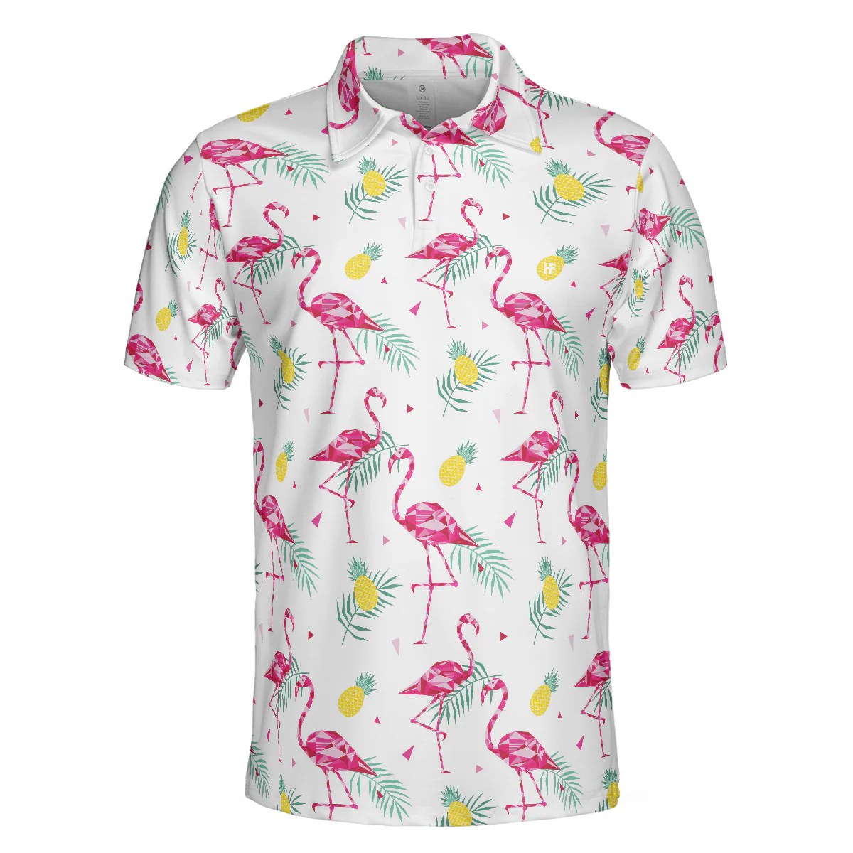 Flamingo And Tropical Pattern Men Polo Shirt, White Flamingo Themed Polo Shirt, Tropical Flamingo Shirt Design - Image 3