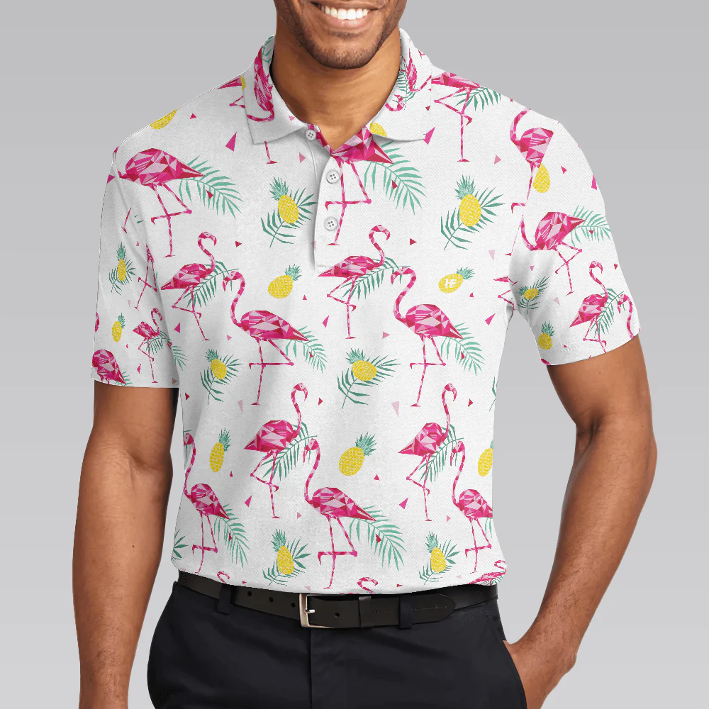 Flamingo And Tropical Pattern Men Polo Shirt, White Flamingo Themed Polo Shirt, Tropical Flamingo Shirt Design - Image 4