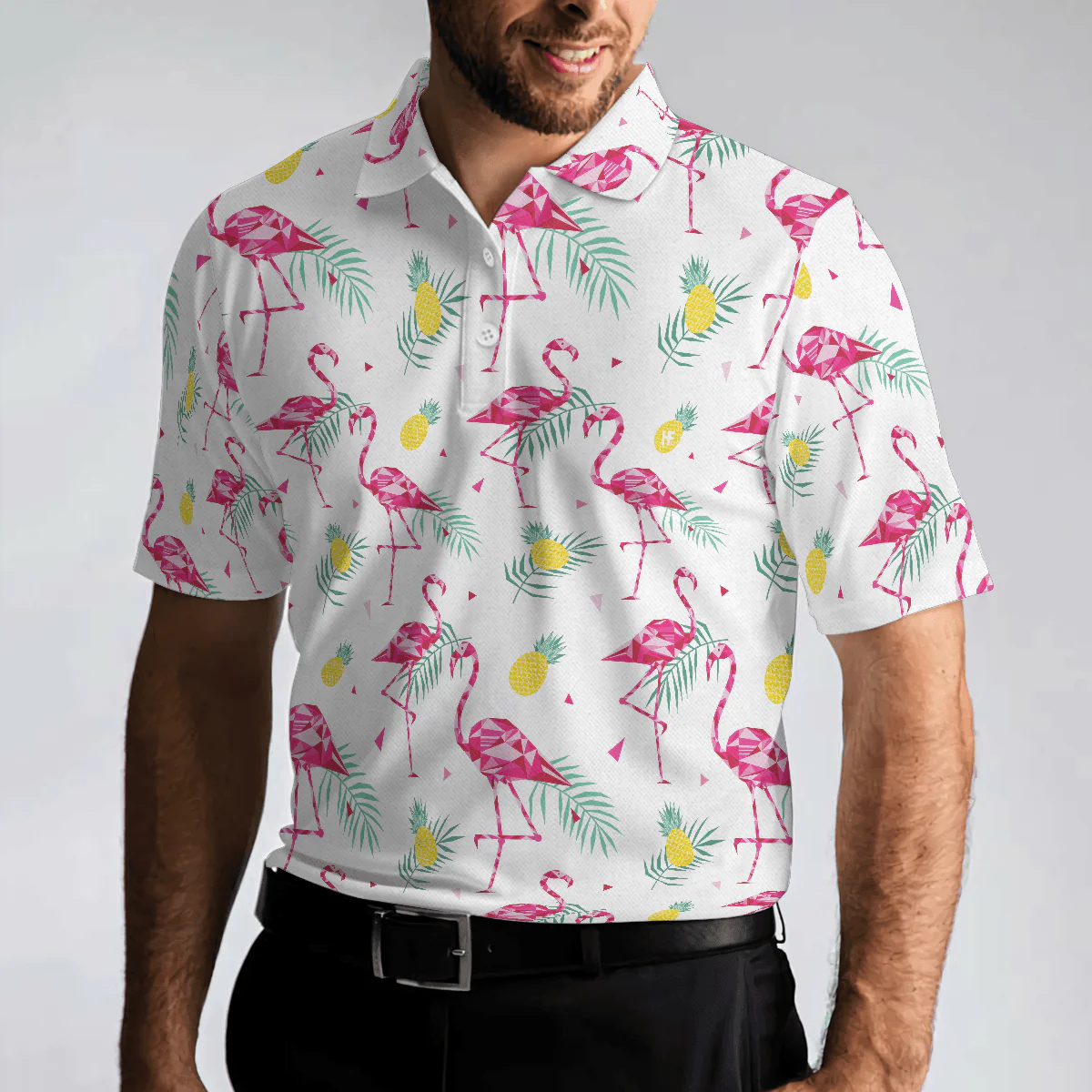 Flamingo And Tropical Pattern Men Polo Shirt, White Flamingo Themed Polo Shirt, Tropical Flamingo Shirt Design - Image 5