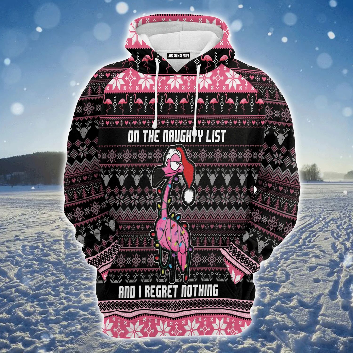 Flamingo Claus Premium Christmas Hoodie, On The Naughty List And I Regret Nothing Unisex Hoodie For Men & Women - Perfect Gift For Christmas, Flamingo Lovers