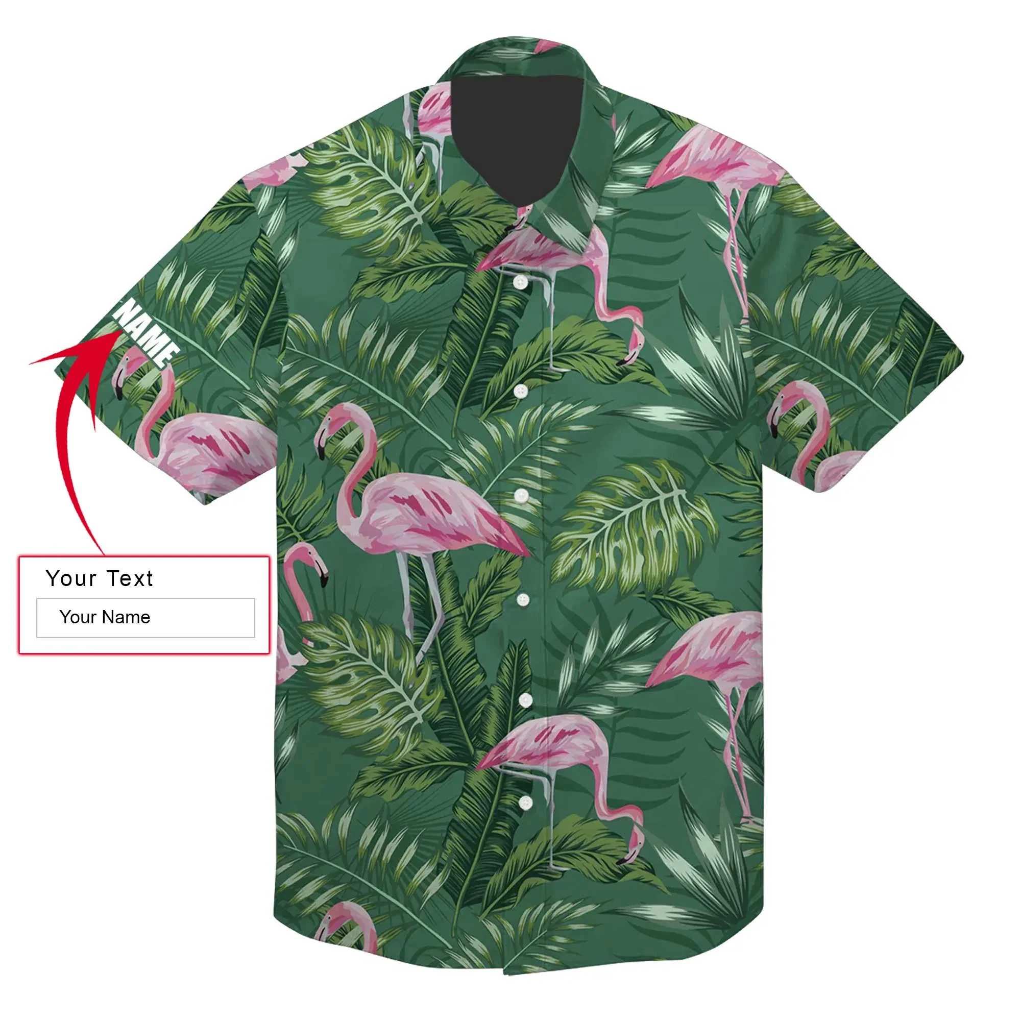 Flamingo Custom Name Aloha Hawaiian Shirt For Summer, Green Tropical Plants Palm Leaves Monstera Personalized Hawaiian Shirts Outfit For Men Women