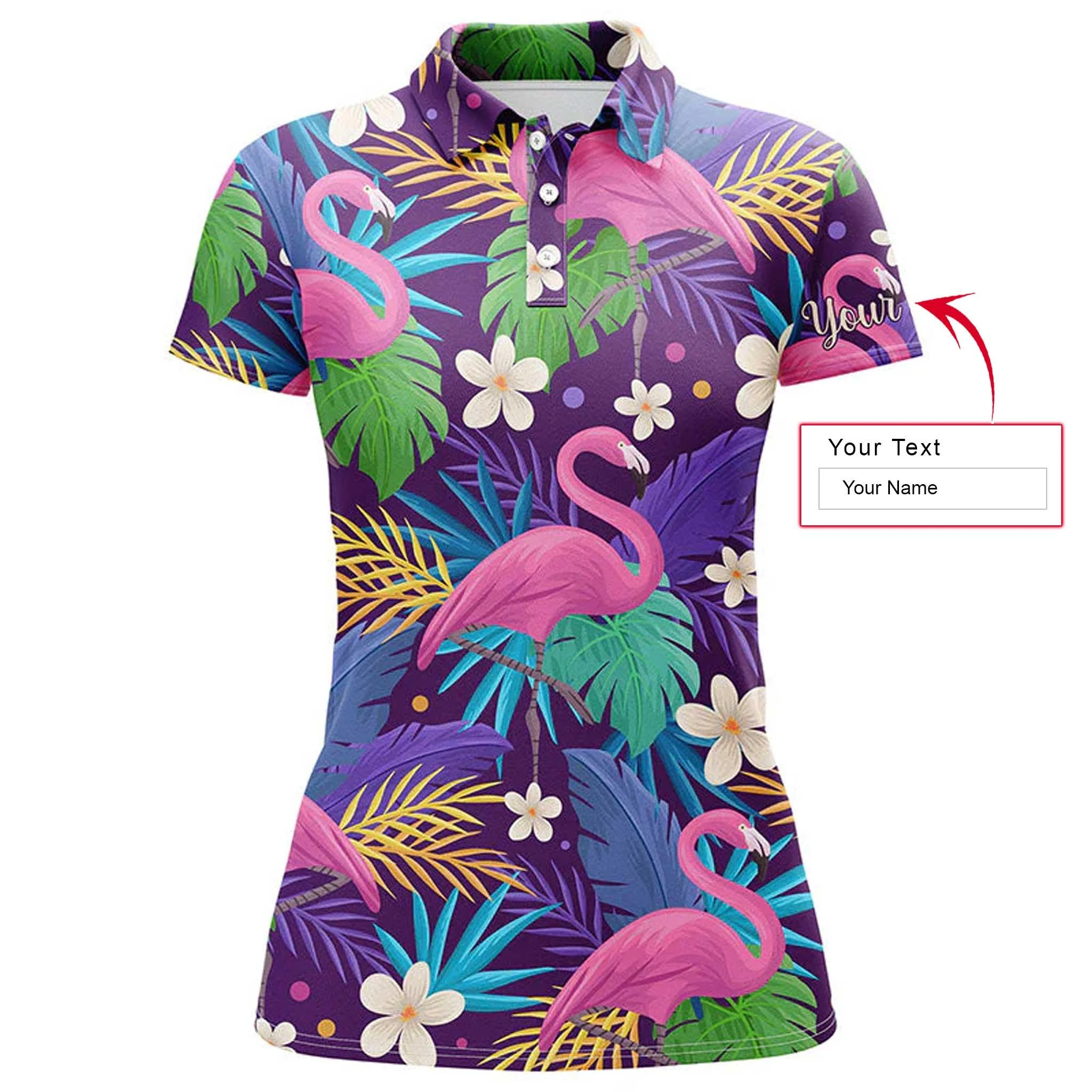 Flamingo Custom Name Women Polo Shirt, Colorful Floral Flamingo Pattern Tropical Leaves Personalized Women Polo Shirts, Best Gift For Flamingo Lovers