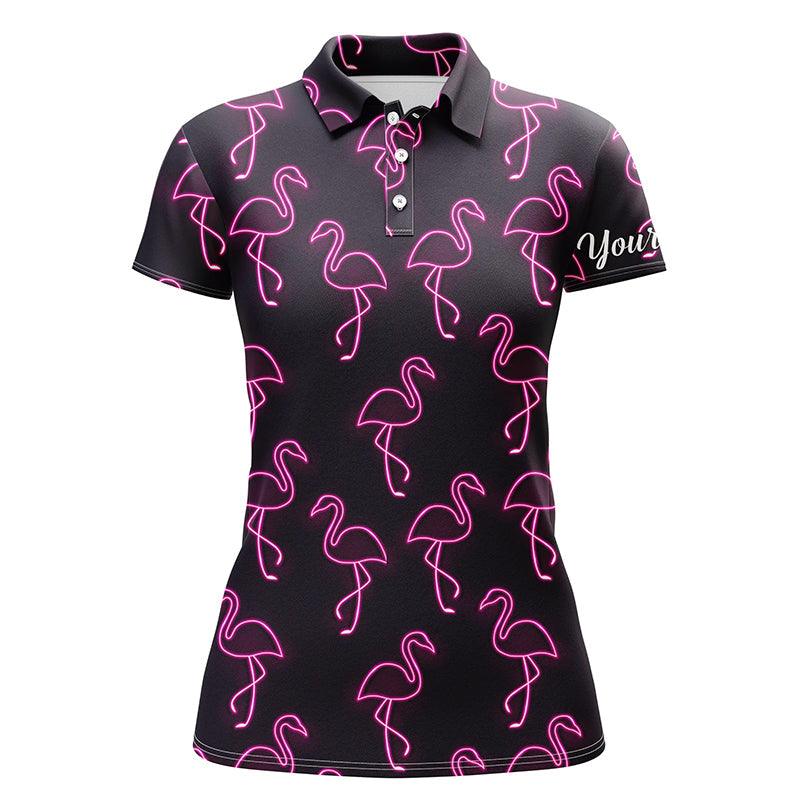 Flamingo Custom Name Women Polo Shirt, Neon Pink Flamingos Birds Pattern Personalized Women Polo Shirts, Best Gift For Female, Flamingo Lovers - Image 2