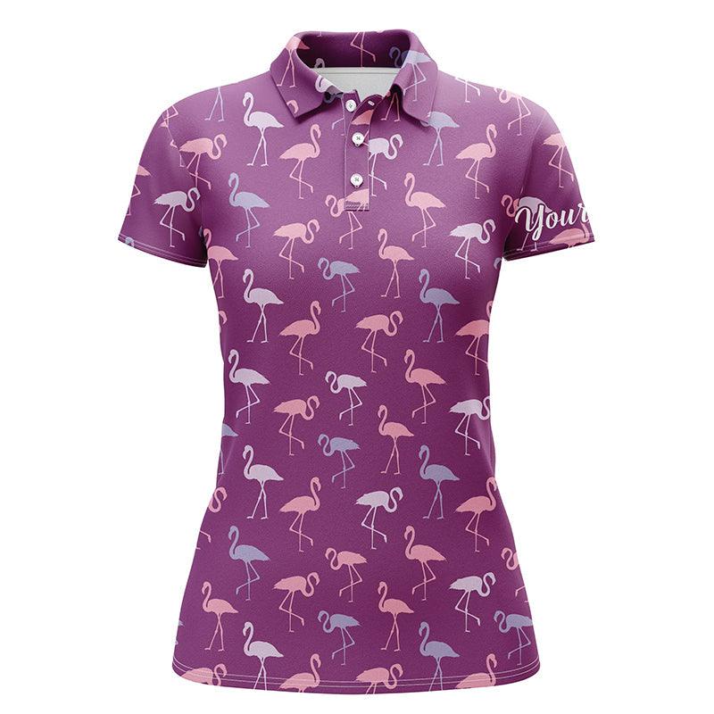 Flamingo Custom Name Women Polo Shirt, Purple Flamingo Birds Pattern Tropical Personalized Women Polo Shirts, Best Gift For Female, Flamingo Lovers - Image 2