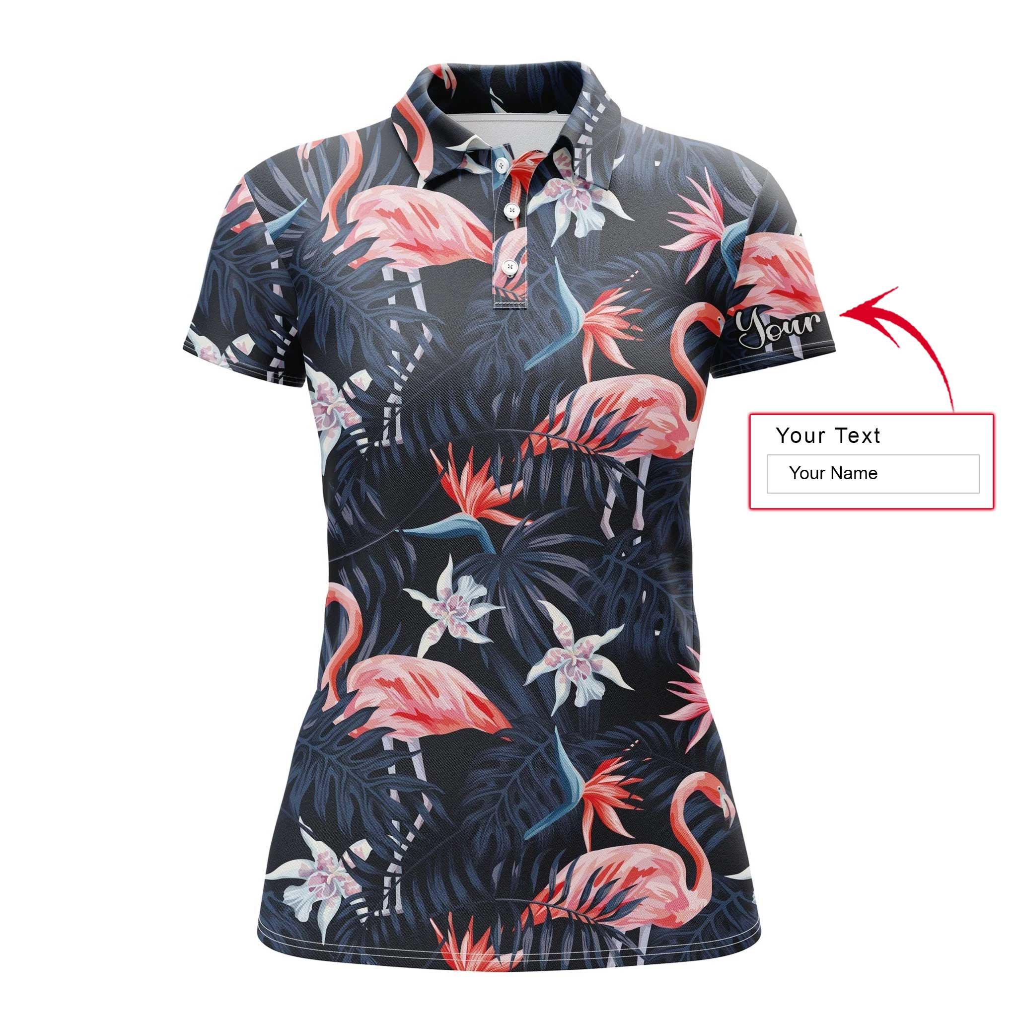 Flamingo Custom Name Women Polo Shirt, Tropical Birds Pink Flamingo Dark Blue Palm Leaves Personalized Women Polo Shirts, Gift For Ladies, Flamingo Lovers