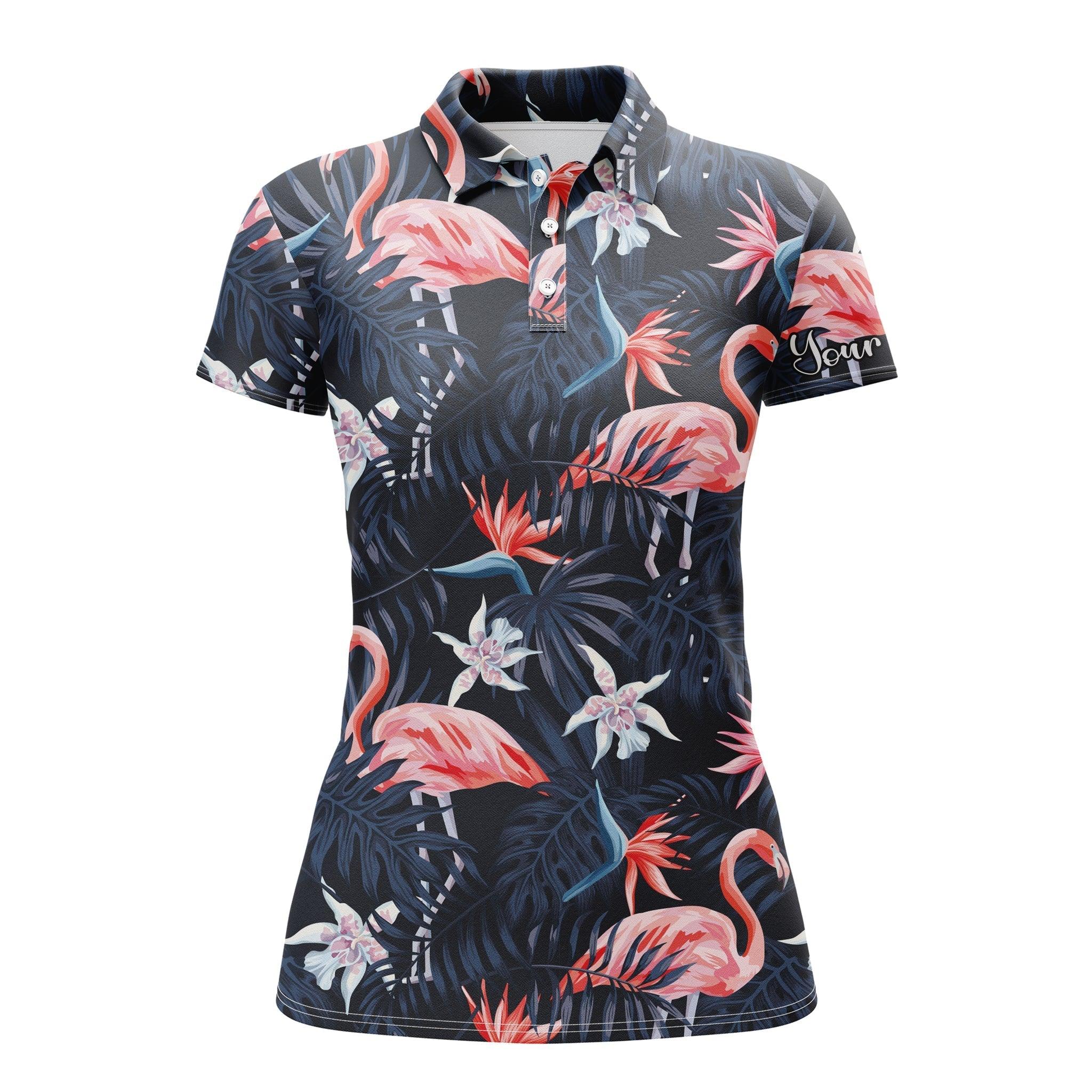 Flamingo Custom Name Women Polo Shirt, Tropical Birds Pink Flamingo Dark Blue Palm Leaves Personalized Women Polo Shirts, Gift For Ladies, Flamingo Lovers - Image 2