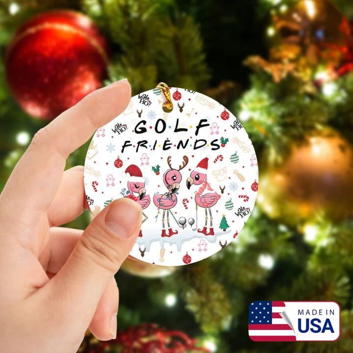 Flamingo Friends Golf Christmas Pattern Circle Ceramic Ornament, Christmas Golf Ceramic Ornament - Best Gift For Golf Lovers, New Year - Image 2