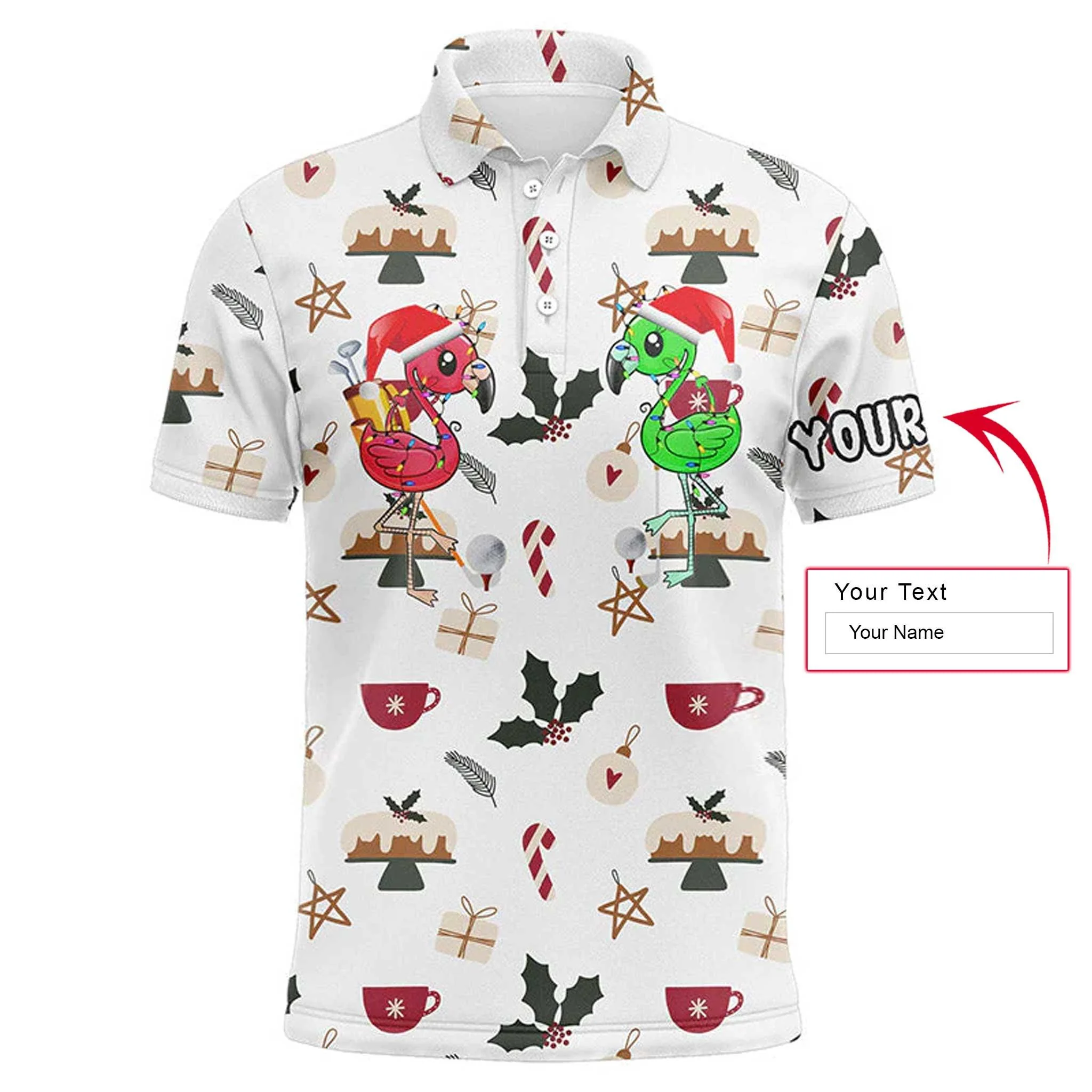 Flamingo Golf Men Polo Shirt - Funny Christmas Background Golf Friends Custom Name Apparel Men Polo Shirt - Personalized Gift For Men, Golf Lover