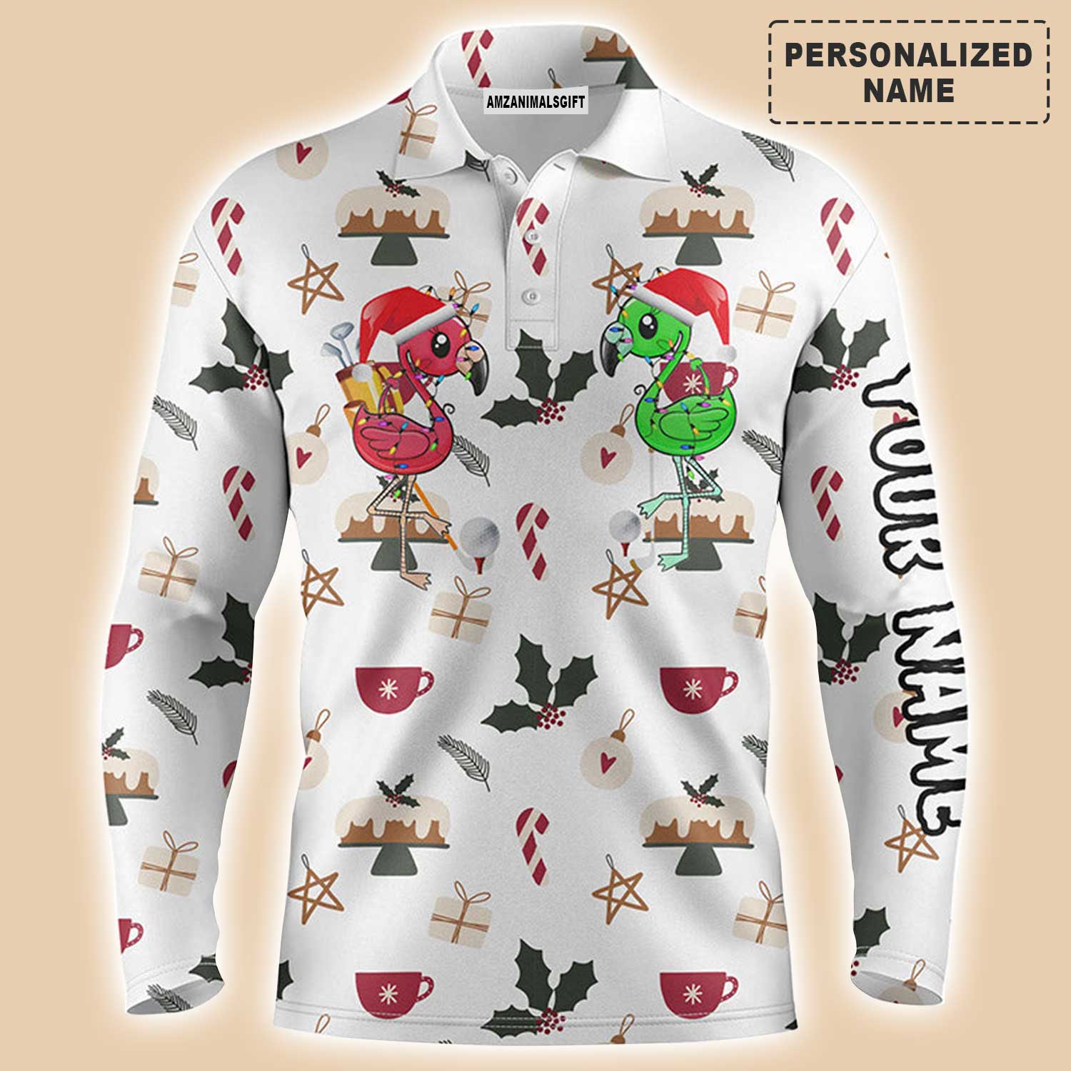 Flamingo Golf Men Polo Shirt - Funny Christmas Background Golf Friends Custom Name Apparel Men Polo Shirt - Personalized Gift For Men, Golf Lover - Image 2