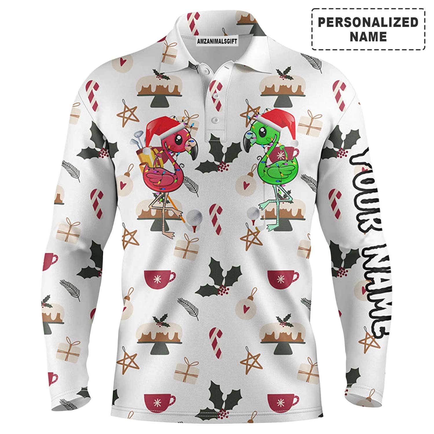 Flamingo Golf Men Polo Shirt - Funny Christmas Background Golf Friends Custom Name Apparel Men Polo Shirt - Personalized Gift For Men, Golf Lover - Image 3