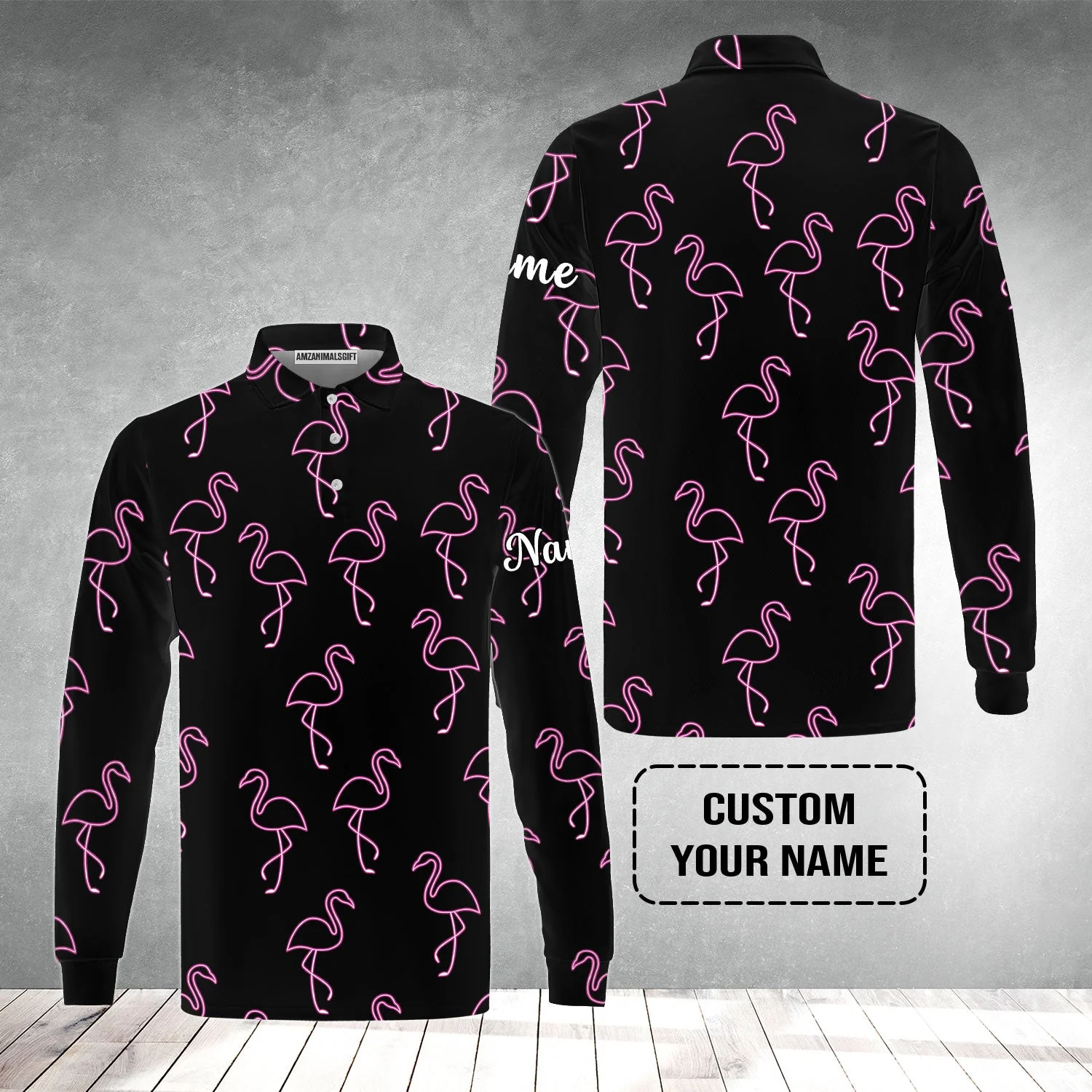 Flamingo Golf Men's Long Sleeve Polo Shirt - Custom Name Neon Pink Flamingos Pattern Apparel - Personalized Gift For Golf Lover, Team, Husband, Boyfriend, Men - Image 2