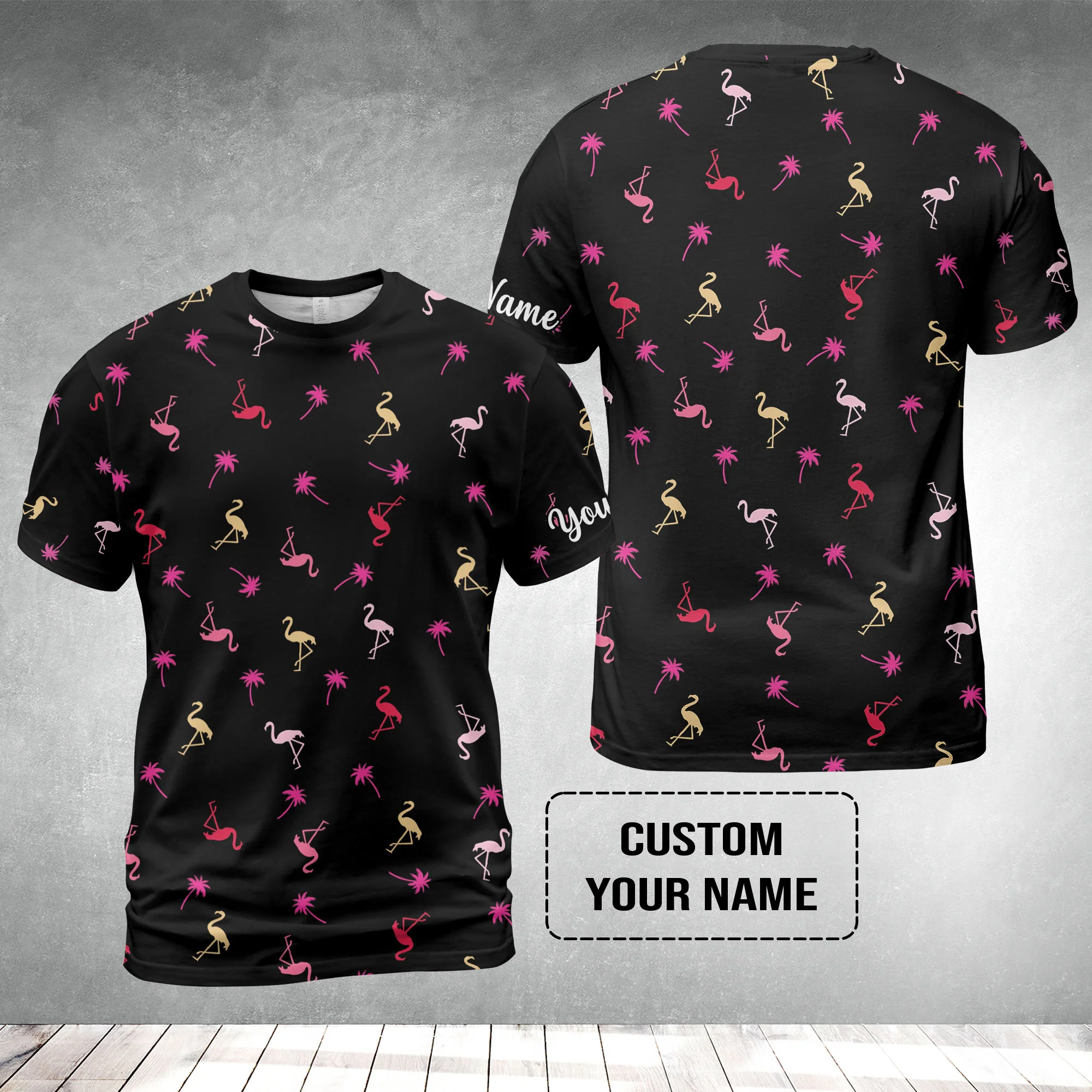 Flamingo Golf T-Shirt - Custom Name Neon Pink Flamingos Palm Pattern Apparel T-Shirt - Personalized Gift For Golf Lover, Team, Husband, Boyfriend, Men - Image 2