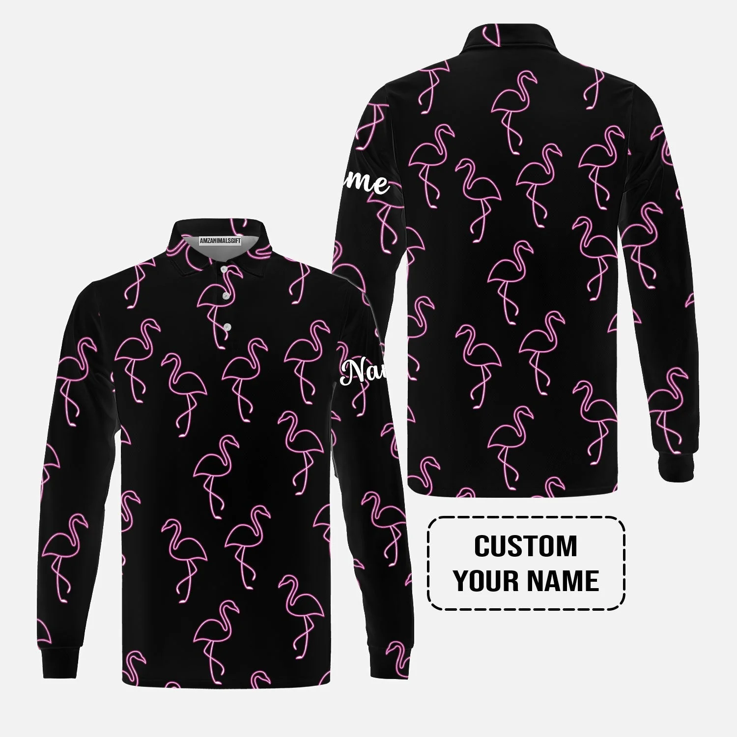 Flamingo Golf T-Shirt - Custom Name Neon Pink Flamingos Pattern Apparel T-Shirt - Personalized Gift For Golf Lover, Team, Husband, Boyfriend, Men - Image 3