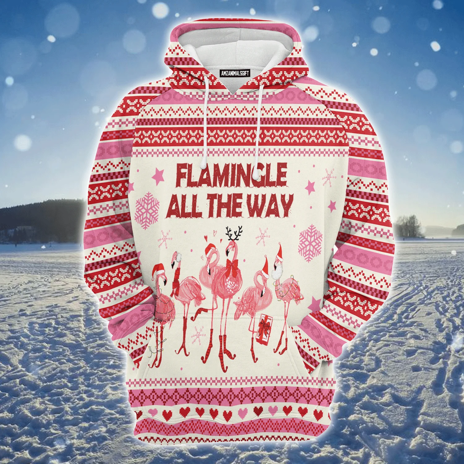 Flamingo Premium Christmas Hoodie, Flamingo Flamingle All The Way Unisex Hoodie For Men & Women - Perfect Gift For Christmas, Friends, Family - Image 2