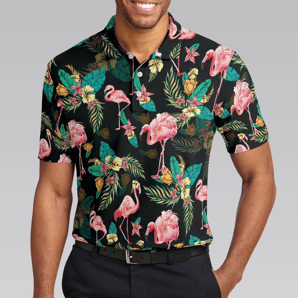 Flamingo Tropical Pattern Polo Shirt, Flamingo Print Shirt For Adults, Pink Flamingo Short Sleeve Shirt, Gift For Flamingo Lovers - Image 5