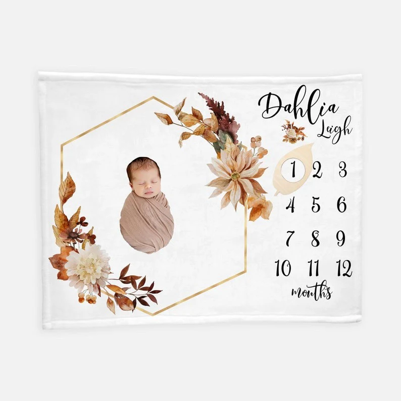 Flowers Baby Milestone Blanket With Customized Name For Baby Girl Nursery, Daughter, Granddaughter, Month Gift