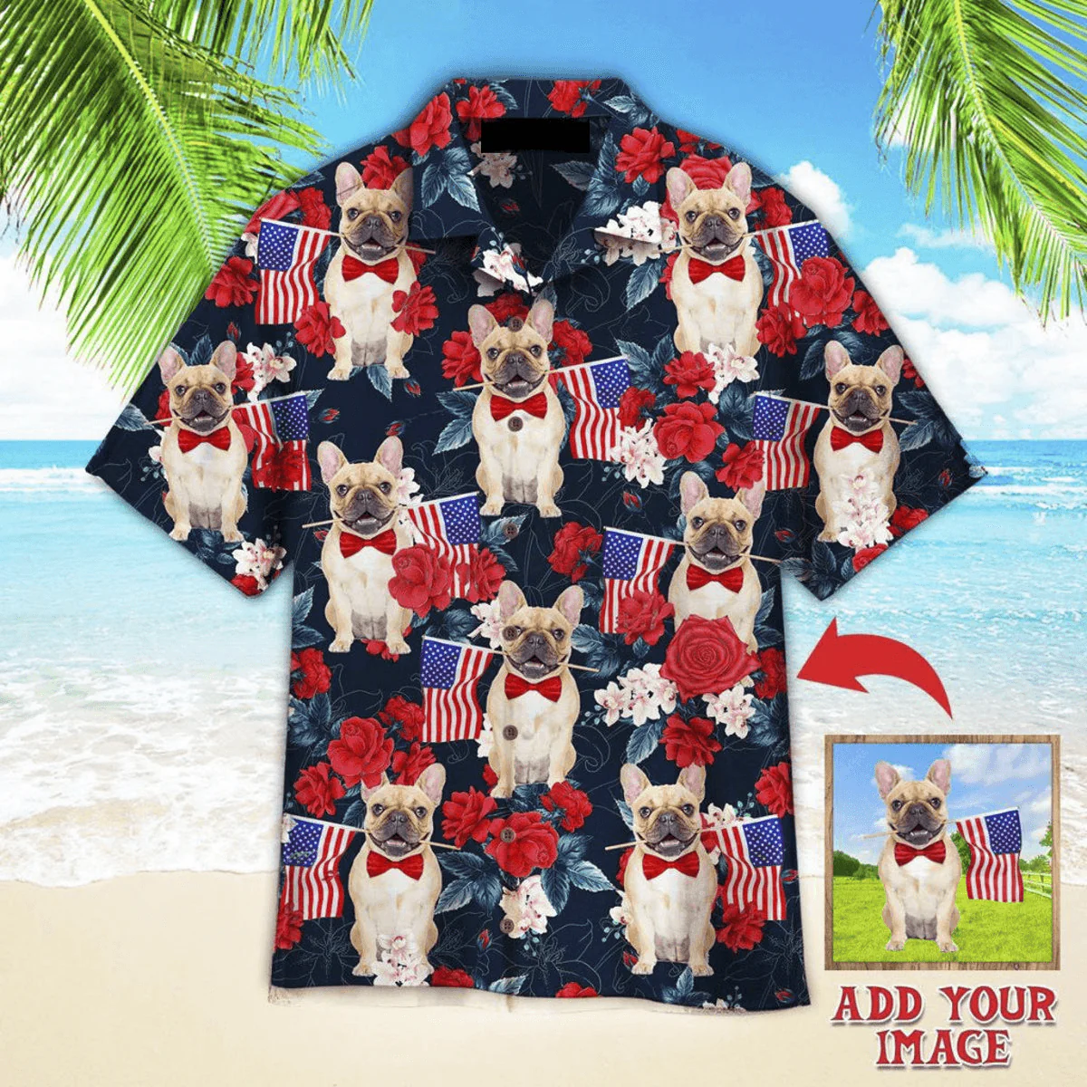 French Bulldog Hawaiian Shirt Custom Photo, Dog Holding Flag USA On Red Rose Tropical Personalized Hawaiian Shirts - Perfect Gift For Dog Lovers