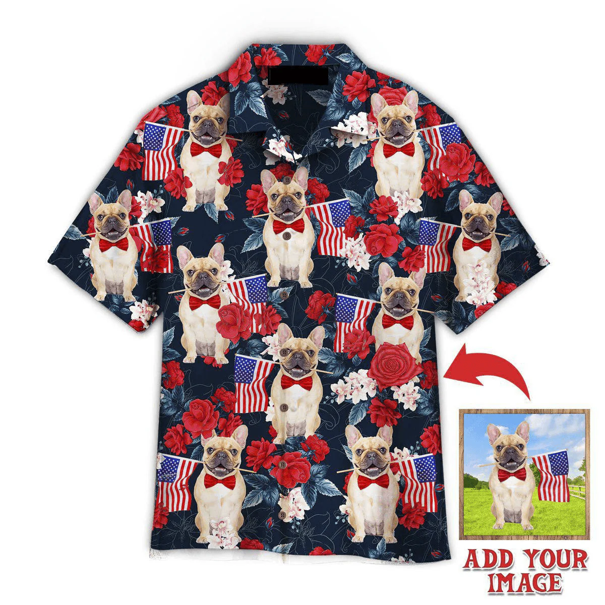 French Bulldog Hawaiian Shirt Custom Photo, Dog Holding Flag USA On Red Rose Tropical Personalized Hawaiian Shirts - Perfect Gift For Dog Lovers - Image 2