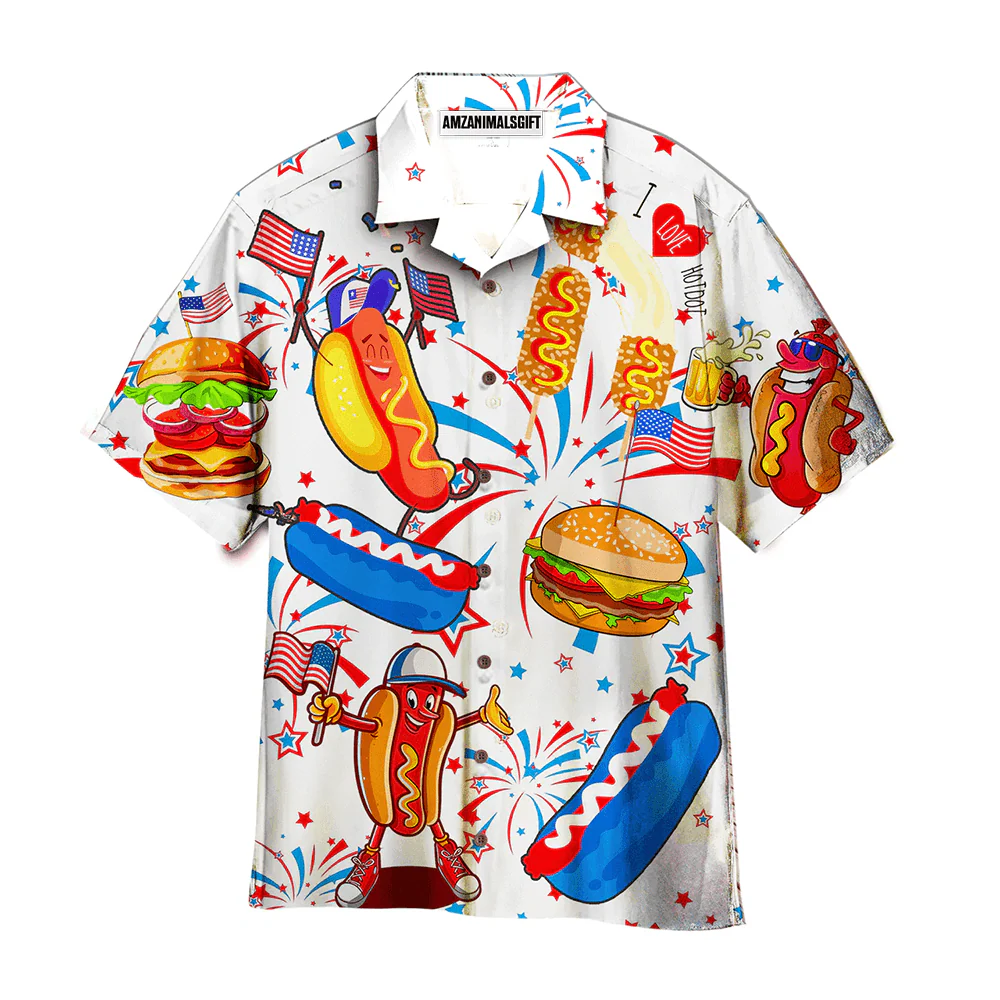 Funny American Hot Dog 4th Of July Independence Day White And Blue Aloha Hawaiian Shirts For Men Women, USA Flag Hawaiian Shirt, Gift For Summer